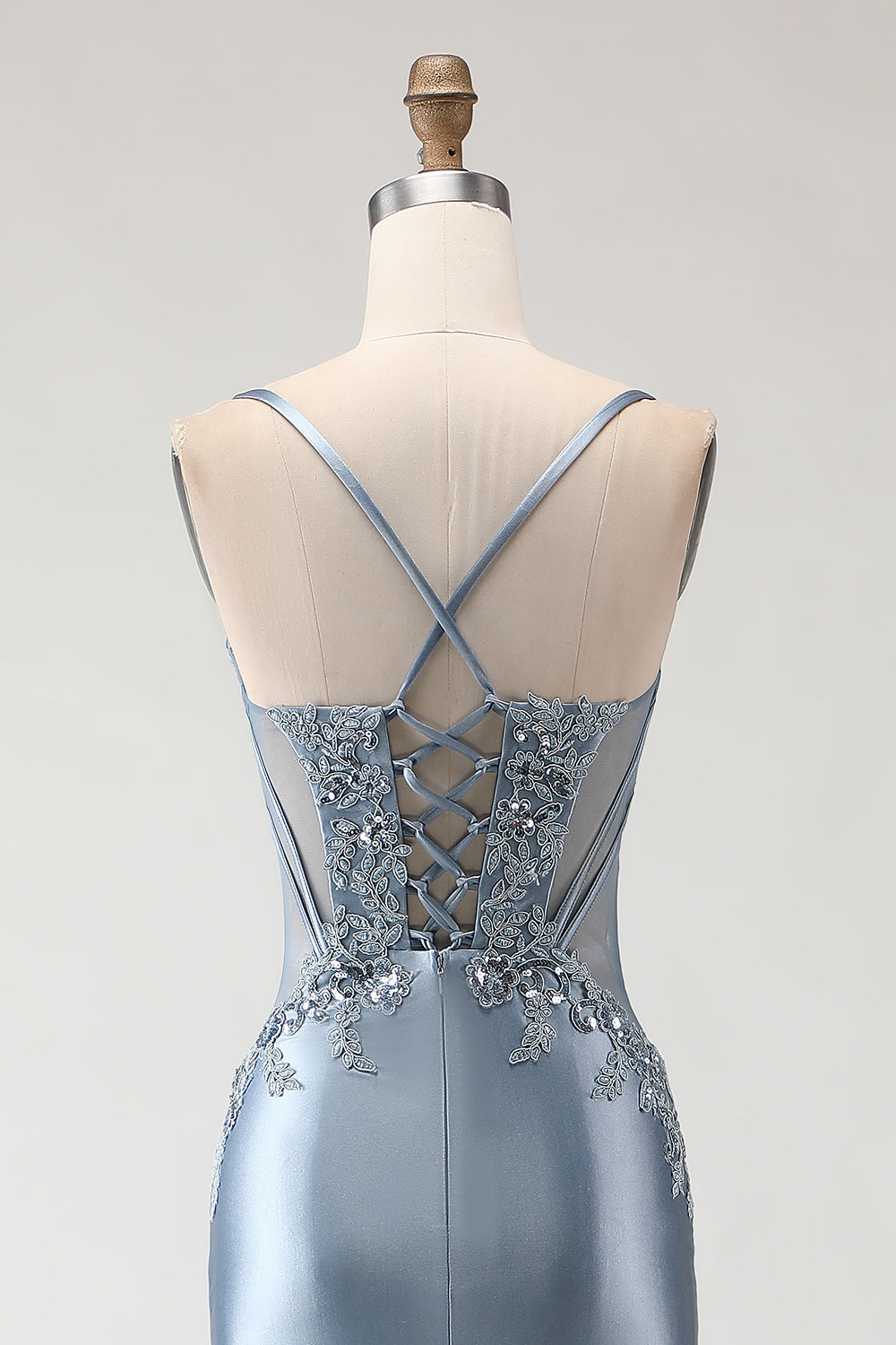 ZAPAKA Women Grey Blue Long Prom Dress with Slit Mermaid Appliqued