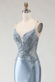 Grey Blue Mermaid Spaghetti Straps Appliqued Satin Long Prom Dress with Slit