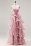 Dusty Rose Floral A Line Corset Tiered Ruffle Long Prom Dress with Slit