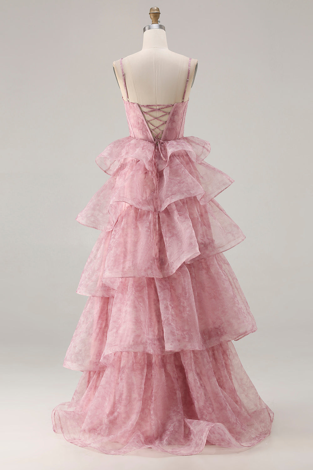 Zapaka Women Dusty Rose Floral Prom Dress with Slit A Line Corset Tiered Ruffle Spaghetti Straps Long Party Dress with Lace Up Back, Dusty Rose / Zapaka Women Dusty Rose Floral Prom Dress with Slit A Line Corset Tiered Ruffle Spaghetti Straps Long Party Dress with Lace Up Back, Dusty Rose /