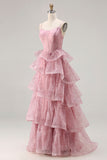 Dusty Rose Floral A Line Corset Tiered Ruffle Long Prom Dress with Slit