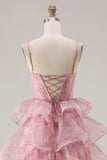 Dusty Rose Floral A Line Corset Tiered Ruffle Long Prom Dress with Slit