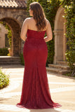 Red Strapless Mermaid Beaded Satin Long Plus Size Prom Dress
