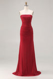Strapless Red Mermaid Beaded Satin Long Prom Dress