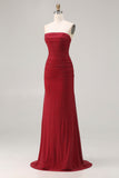 Strapless Red Mermaid Beaded Satin Long Prom Dress