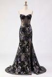 Romantic Pink Mermaid Strapless Sheer Boned Corset Sequins Long Prom Dress with Slit