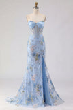 Romantic Pink Mermaid Strapless Sheer Boned Corset Sequins Long Prom Dress with Slit