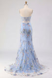 Romantic Pink Mermaid Strapless Sheer Boned Corset Sequins Long Prom Dress with Slit