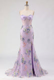 Romantic Pink Mermaid Strapless Sheer Boned Corset Sequins Long Prom Dress with Slit