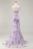 Romantic Pink Mermaid Strapless Sheer Boned Corset Sequins Long Prom Dress with Slit