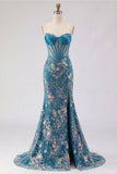 Romantic Pink Mermaid Strapless Sheer Boned Corset Sequins Long Prom Dress with Slit