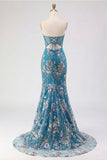 Romantic Pink Mermaid Strapless Sheer Boned Corset Sequins Long Prom Dress with Slit