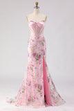 Pink Strapless Mermaid Beaded Corset Sequin Long Prom Dress with Slit