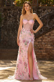 Romantic Pink Mermaid Strapless Sheer Boned Corset Sequins Long Prom Dress with Slit