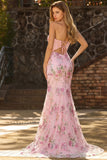 Romantic Pink Mermaid Strapless Sheer Boned Corset Sequins Long Prom Dress with Slit