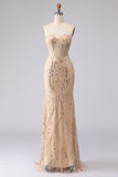 Champagne Mermaid Strapless Beaded Sequin Long Prom Dress with Lace Up Back