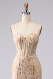 Champagne Mermaid Strapless Beaded Sequin Long Prom Dress with Lace Up Back