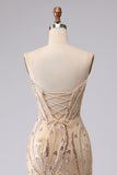 Champagne Mermaid Strapless Beaded Sequin Long Prom Dress with Lace Up Back