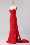 Red Mermaid Strapless Beaded Satin Long Prom Dress with Slit