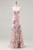 Pink Mermaid Sequin Floral Tiered Ruffle Long Prom Dress with Slit