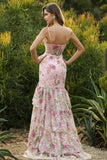 Pink Mermaid Tiered Ruffle Sequin Long Floral Prom Dress with Slit