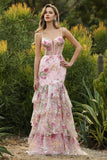 Pink Mermaid Tiered Ruffle Sequin Long Floral Prom Dress with Slit
