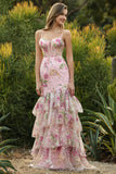 Pink Mermaid Tiered Ruffle Sequin Long Floral Prom Dress with Slit