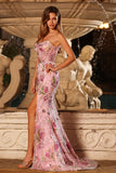 Sparkly Pink Mermaid Strapless Corset Sequin Long Prom Dress with Slit