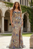Sparkly Mermaid Strapless Corset Appliqued Sequin Pink Long Prom Dress with Slit