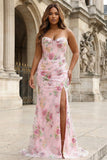 Sparkly Mermaid Strapless Corset Appliqued Sequin Pink Long Prom Dress with Slit