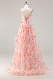 Pink Floral A Line Beaded Strapless Corset Printed Long Prom Dress with Ruffles