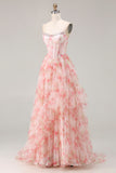 Pink Floral A Line Beaded Strapless Corset Printed Long Prom Dress with Ruffles