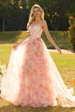 Pink A Line Beaded Strapless Corset Printed Floral Long Prom Dress with Ruffles