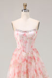 Pink Floral A Line Beaded Strapless Corset Printed Long Prom Dress with Ruffles