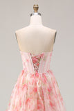 Pink Floral A Line Beaded Strapless Corset Printed Long Prom Dress with Ruffles