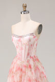 Pink Floral A Line Beaded Strapless Corset Printed Long Prom Dress with Ruffles