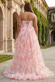 Pink Floral A Line Beaded Strapless Corset Long Plus Size Prom Dress with Ruffles