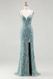 Grey Green Mermaid Beaded Backless Applique Long Prom Dress with Slit