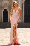 Pink Beaded Floral Mermaid Backless Long Prom Dress with Slit