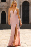 Pink Beaded Floral Mermaid Backless Long Prom Dress with Slit