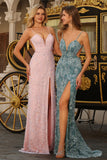 Grey Green Mermaid Beaded Backless Applique Long Prom Dress with Slit