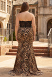 Mermaid Sweetheart Brown Leopard Lace Appliques Long Plus Size Prom Dress with Bow