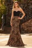 Brown Leopard Mermaid Sweetheart Lace Applique Long Prom Dress with Bow