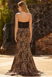 Brown Leopard Mermaid Sweetheart Lace Applique Long Prom Dress with Bow