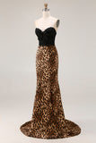 Brown Leopard Mermaid Sweetheart Lace Applique Long Prom Dress with Bow