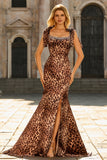 Mermaid Brown Leopard Beaded Strap Bows Printed Long Prom Dress with Slit