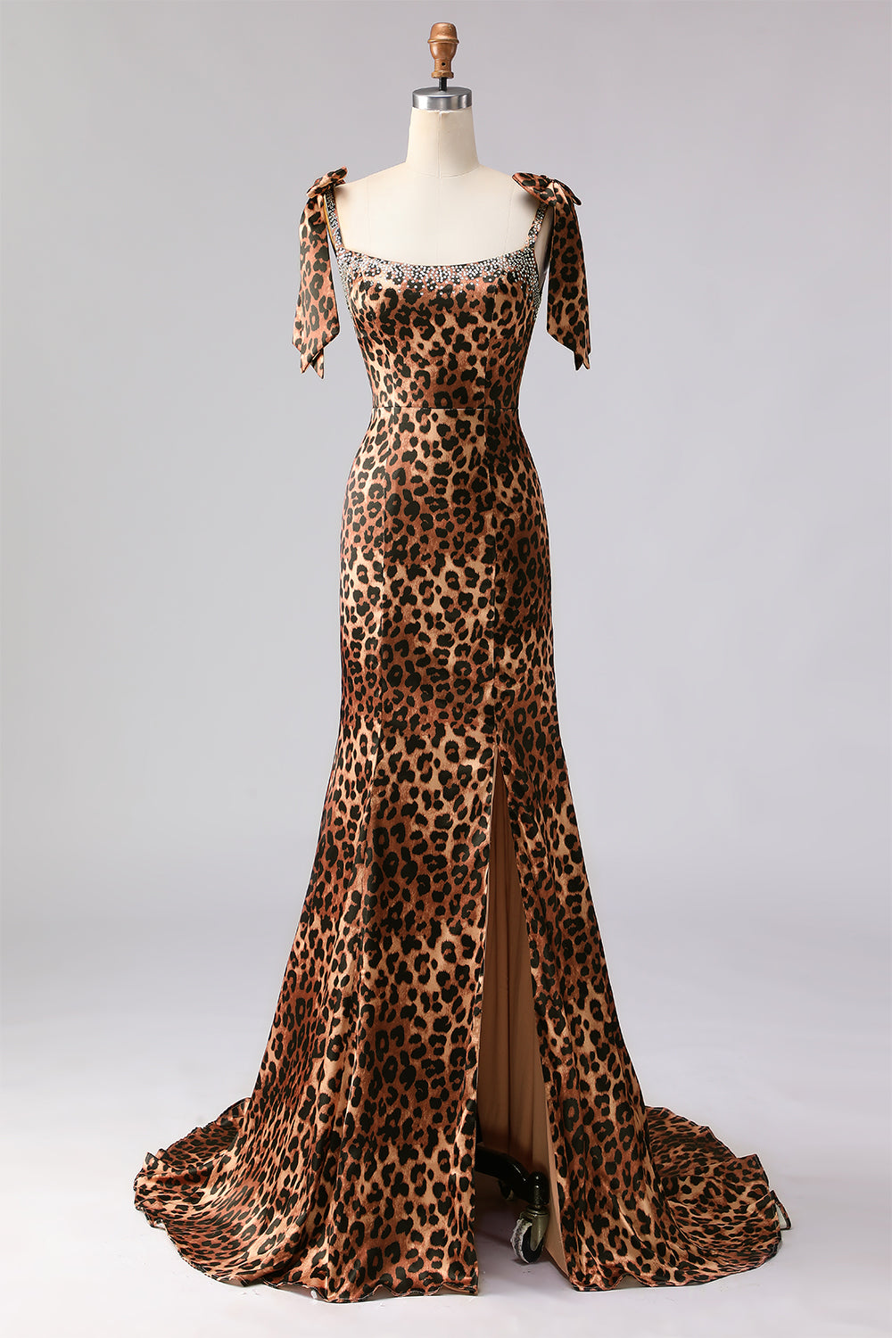 ZAPAKA Women Brown Leopard Long Prom Dress with Slit Mermaid Beaded Strap Bows Printed Formal Dress with Open Back ZAPAKA Women Brown Leopard Long Prom Dress with Slit Mermaid Beaded Strap Bows Printed Formal Dress with Open Back