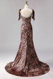 Brown Leopard Mermaid Beaded Strap Bows Printed Long Prom Dress with Slit