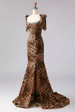Brown Leopard Mermaid Beaded Strap Bows Printed Long Prom Dress with Slit