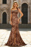 Mermaid Brown Leopard Beaded Strap Bows Printed Long Prom Dress with Slit